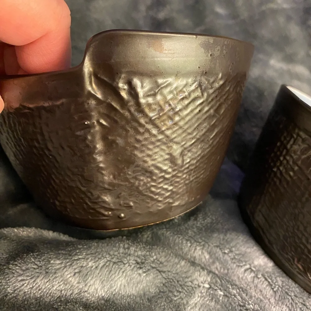 Pier 1 Imports bowls set 2 brown outside light blue inside crackle rice bowl UBG